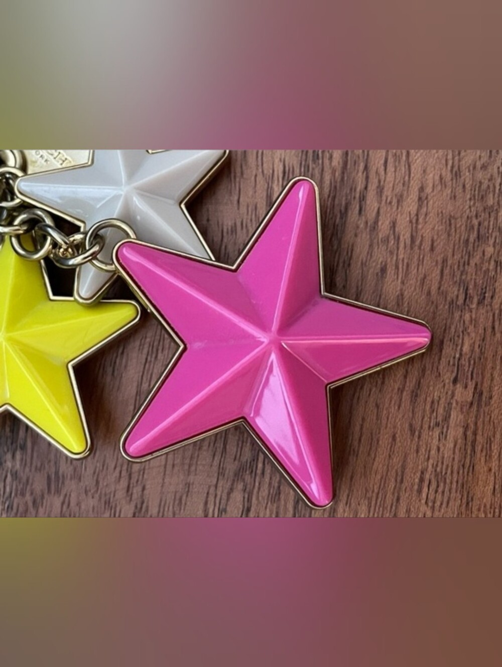 RARE Vintage Coach Multi-Star Enamel Bag Charm Keychain Y2K Gold Yellow Pink - Picture 5 of 6
